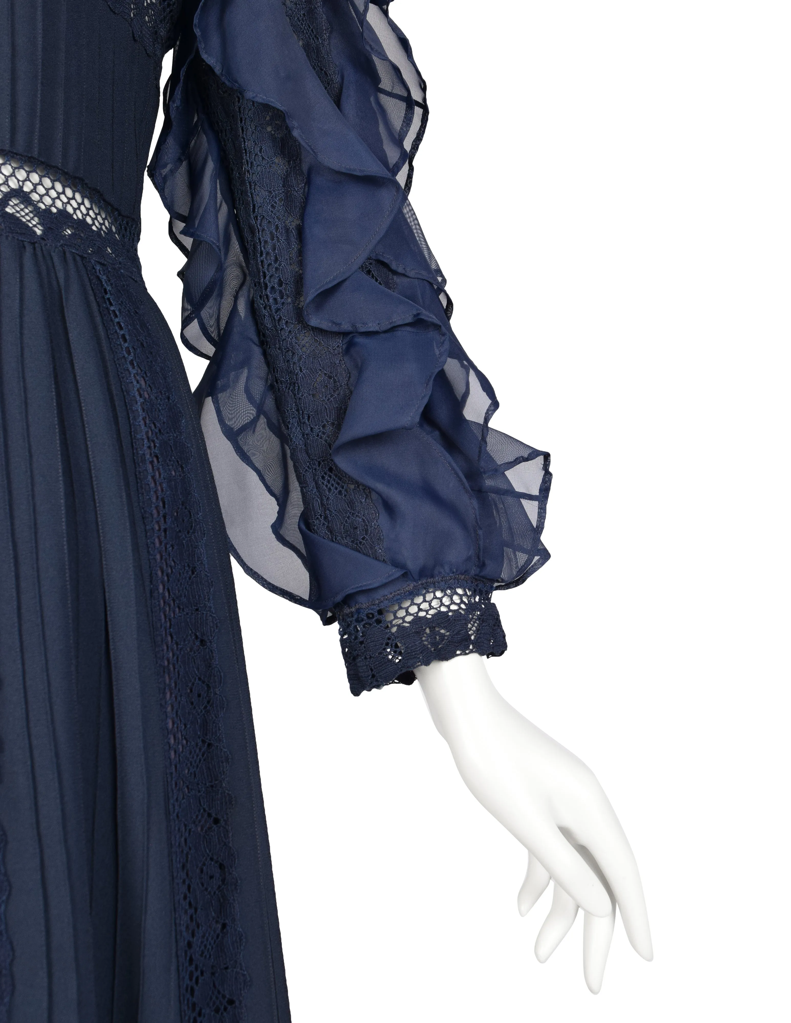 Salina De Costa Vintage 1960s Navy Blue Lace Pintucked Ruffle Gown