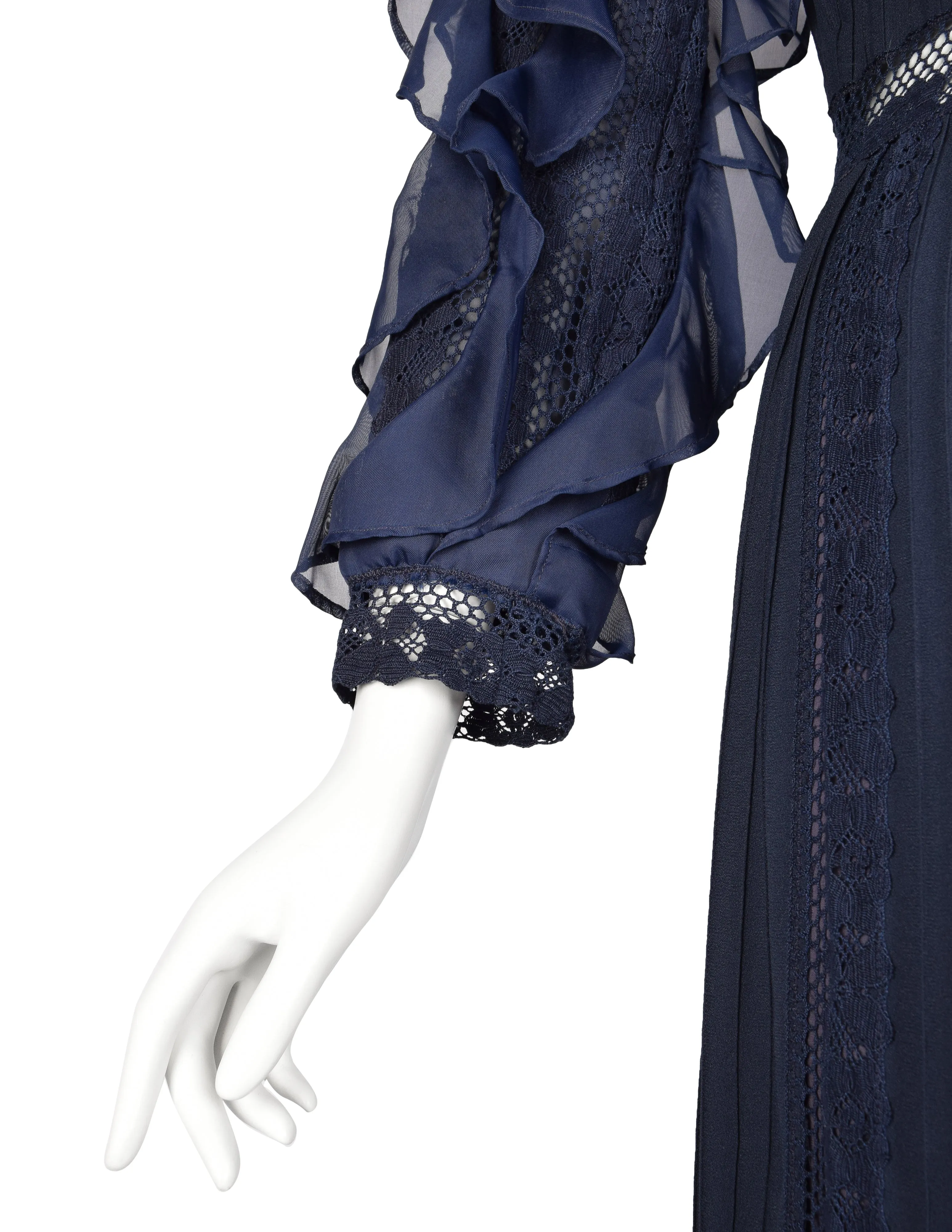 Salina De Costa Vintage 1960s Navy Blue Lace Pintucked Ruffle Gown