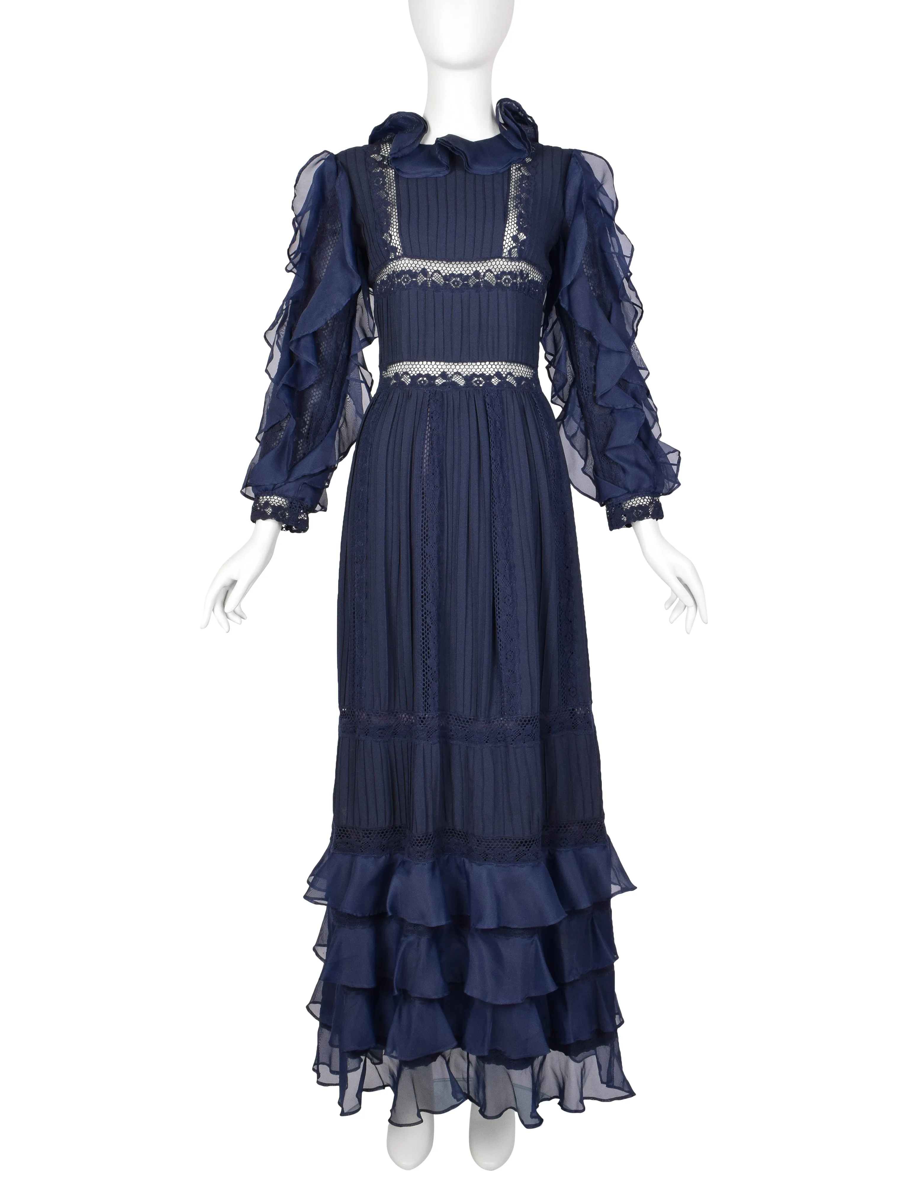 Salina De Costa Vintage 1960s Navy Blue Lace Pintucked Ruffle Gown