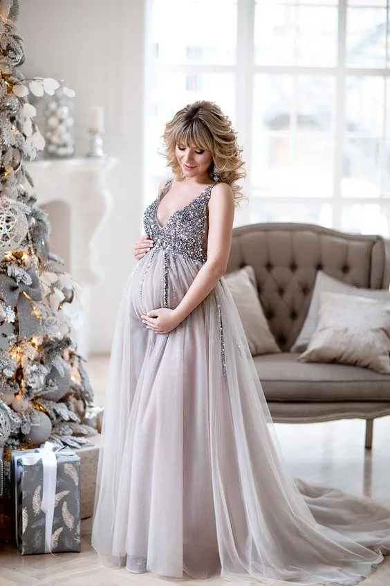 Sequin Maternity Dresses Baby Shower Gowns with Tulle Skirt P8452