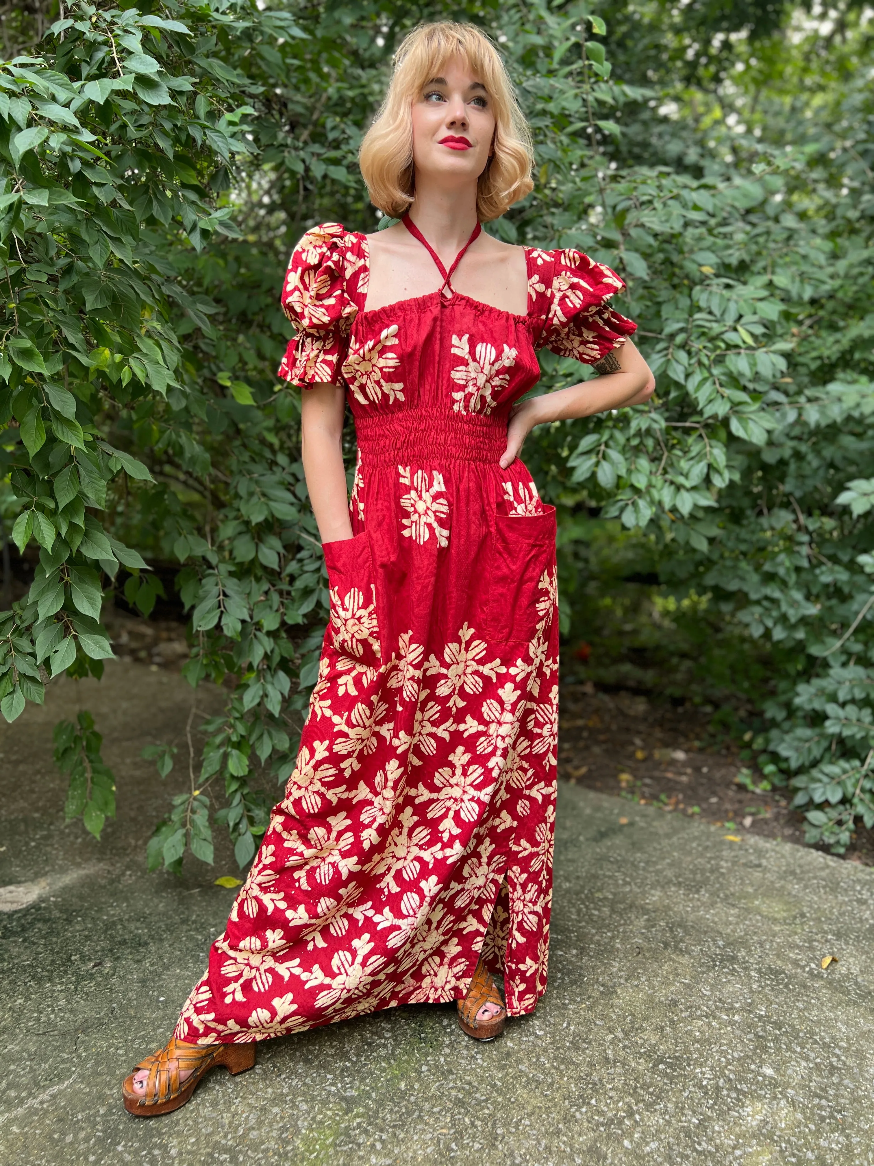 Vintage 70s Burgundy Indian Batik Cotton Maxi Dress